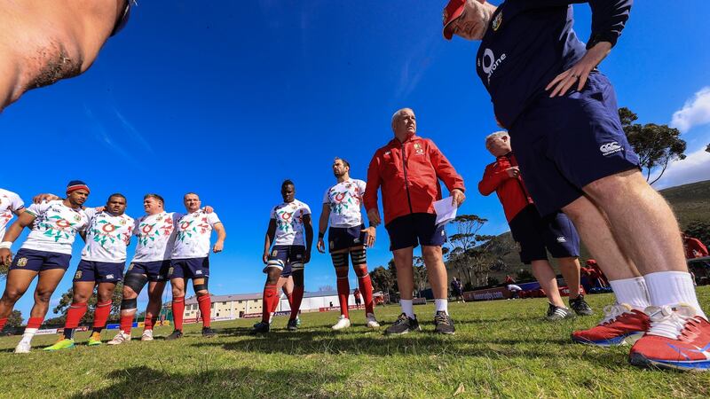 Warren Gatland talks to the Lions players during Tuesday’s training session. Photograph: Billy Stickland/Inpho