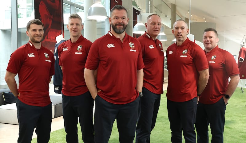 (L-R) Richard Wigglesworth (England), Simon Easterby (Ireland), Andy Farrell, the British and Irish Lions head coach, John Dalziel (Scotland), Andrew Goodman (Ireland) and John Fogarty (Ireland) during the announcement of the coaching team in March. Photograph: David Rogers/Getty