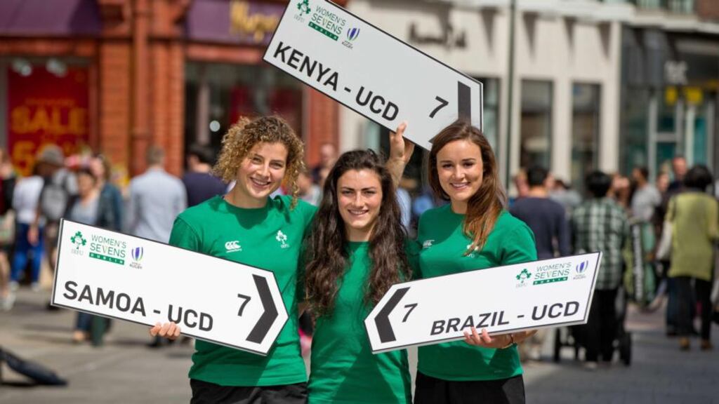 Ireland players Jenny Murphy, Lucy Mulhall and Louise Galvin at today’s event to mark Ireland’s announcement as the host of the 2015 World Rugby Women’s Sevens Series Qualifier. Photo: Morgan Treacy/INPHO