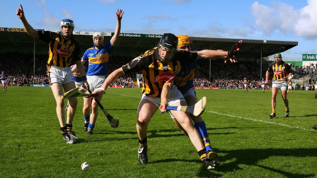 Kilkenny’s Michael Rice and Shane McGrath of Tipperary contesting a loose ball during the League Division One final in 2009. Photograph: Cathal Noonan/Inpho