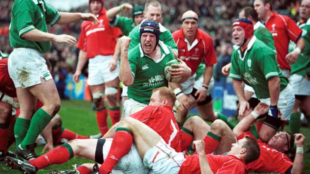Paul O’Connell celebrates scoring a try against Wales in 2002. Photograph: Inpho