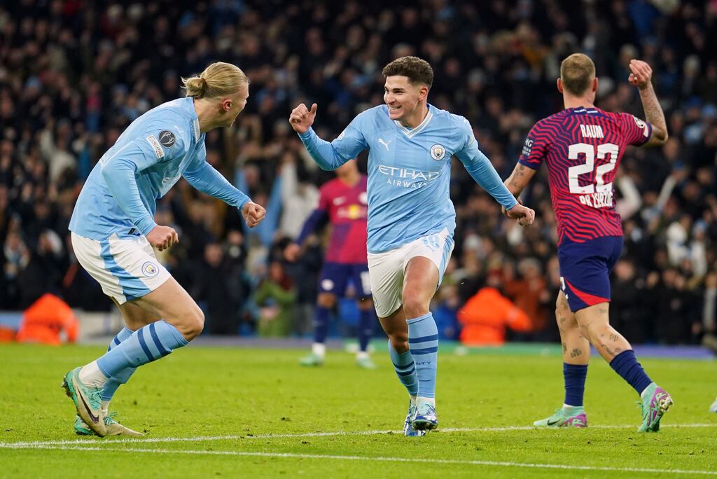 Manchester City's Julian Alvarez celebrates scoring his side's third goal with Erling Haaland. Photograph: David Davies/PA Wire