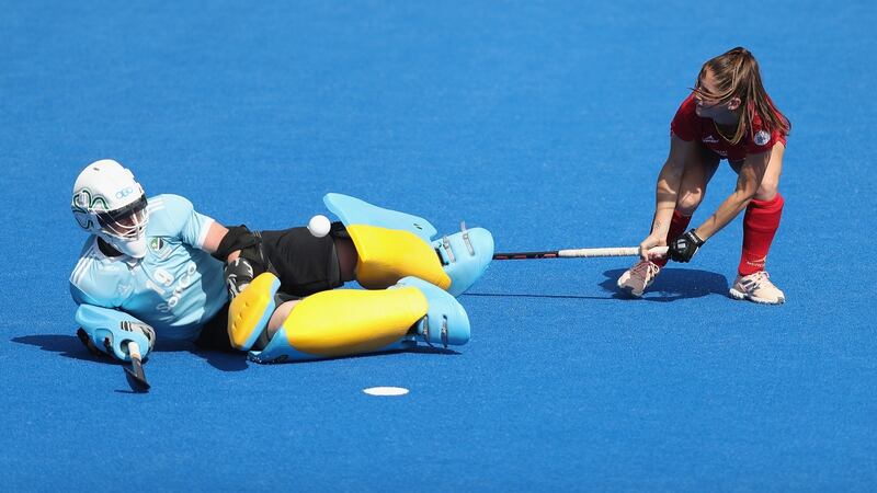 Ayeisha McFerran blocks a shot from Spain’s Carlota Petchame in the 2018 World Cup semi-final shoot out in London. Photograph: Christopher Lee/Getty Images