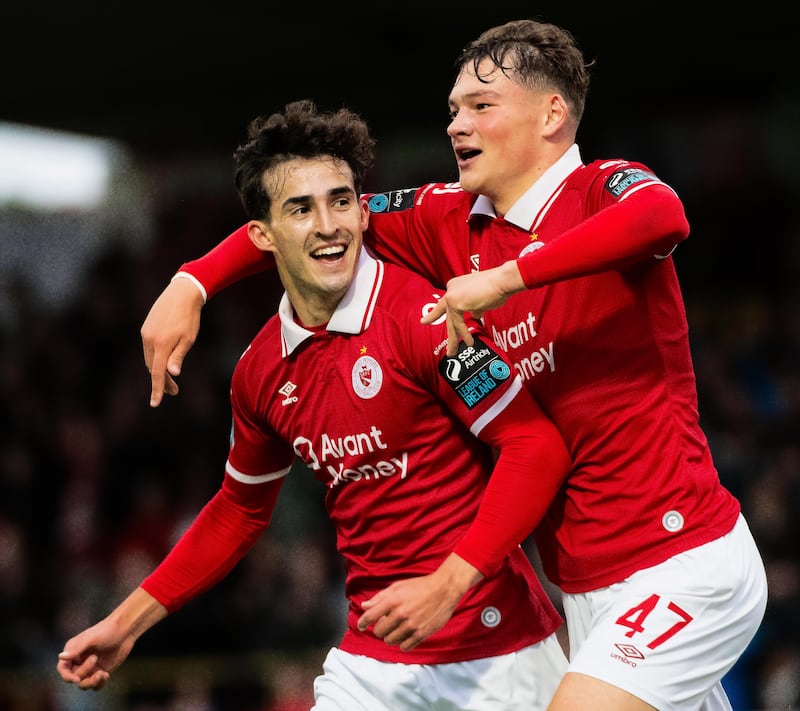 Sligo Rovers’ Jad Hakiki celebrates scoring his second goal with Owen Elding. Photograph: Evan Logan/Inpho