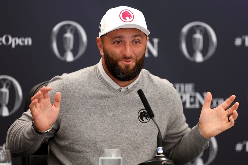 Jon Rahm of Spain talks to the media. Photograph: Andrew Redington/Getty