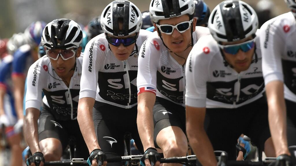 Egan Bernal, Chris Froome, Geraint Thomas and Gianni Moscon of Team Sky cycling team during the eighth stage of the 105th edition of the Tour de France. Photograph: Getty Images