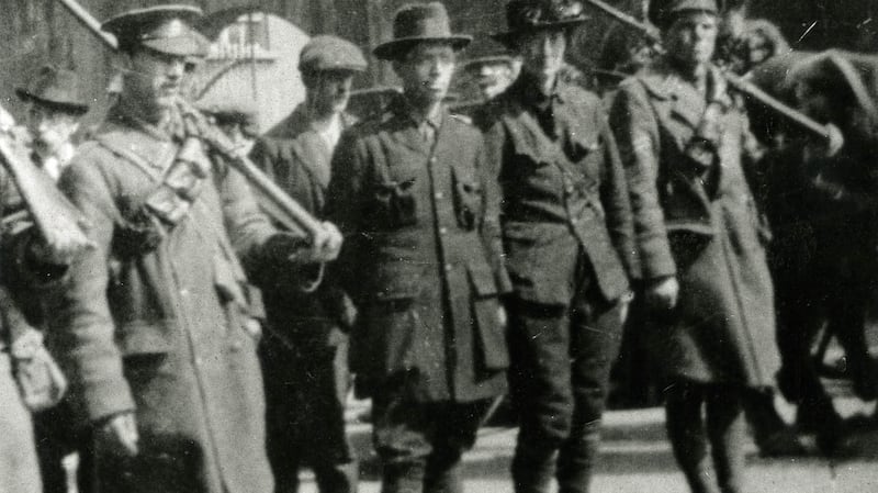 Michael Mallin and Countess Markievicz being escorted away by government troops, Easter rising 1916. Photograph: Courtesy of National Museum of Ireland