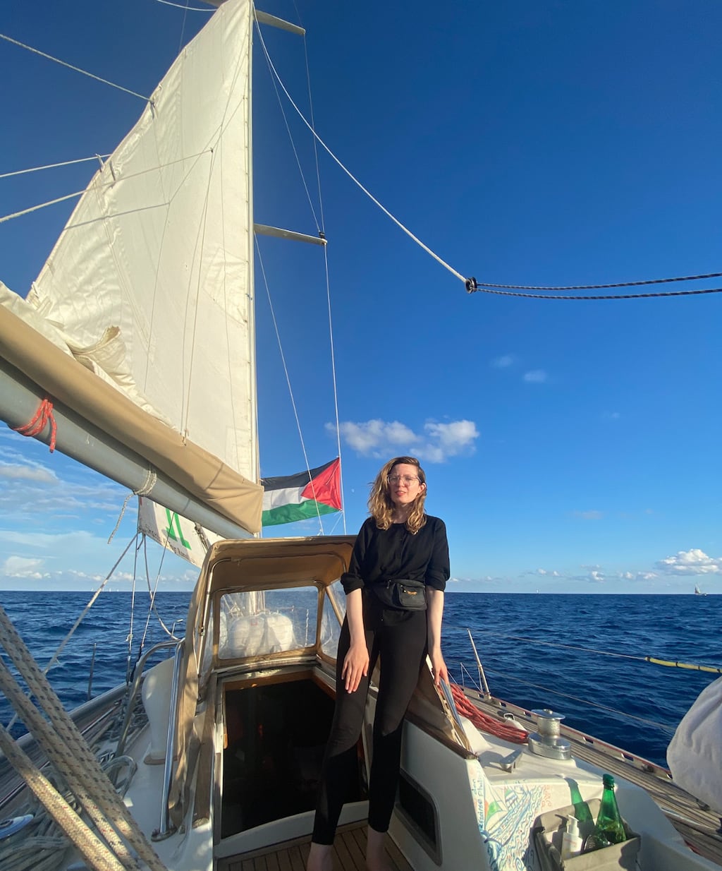 Naoise Dolan aboard a boat as part of the Freedom Flotilla approaching Gaza