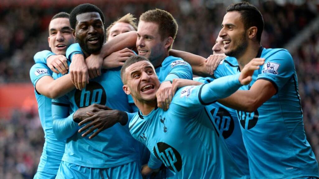 Emmanuel Adebayor (second from left) celebrates his second goal against Southampton with his Tottenham team-mates during their English Premier League match at St Mary’s. Photograph: Reuters.