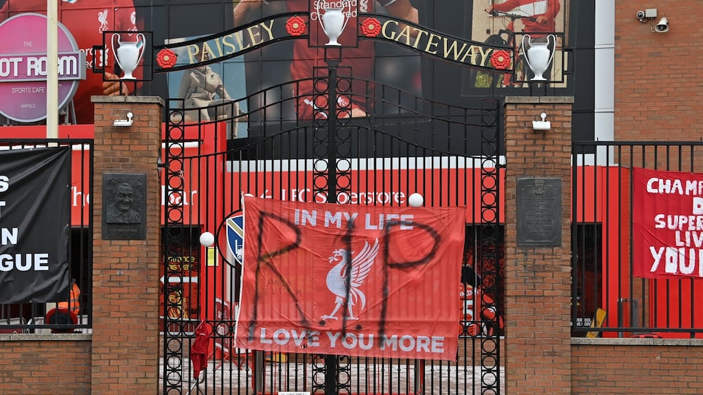 Banners critical of the European Super League project hang from the railings of Anfield stadium. Photo: Paul Ellis/AFP via Getty Images