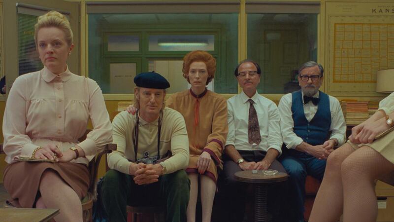 Elisabeth Moss (from left to right), Owen Wilson, Tilda Swinton, Fisher Stevens and Griffin Dunne in The French Dispatch. Photograph: Searchlight Pictures/Twentieth Century Fox