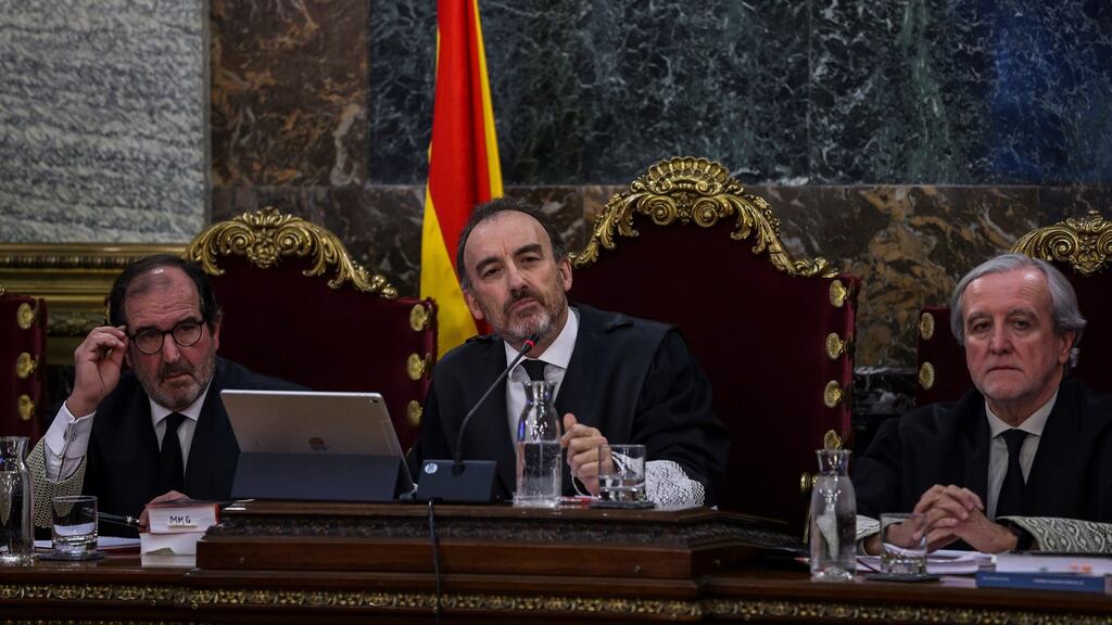 Judge Andrés Martínez Arrieta, president of the court Manuel Marchena and judge Juan Ramón Berdugo during the trial of 12 Catalan separatist leaders in Madrid yesterday. They are on trial for their roles during the failed bid to get Catalonia to secede from Spain in October 2017 and could face up to 25 years in prison. Photograph: Emilio Naranjo/Getty Images