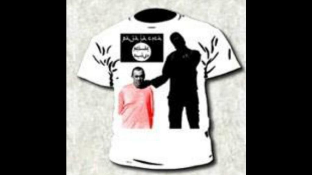 A T-shirt depicting a British aid worker about to be executed by an Islamic State militant. Photograph: Reuters