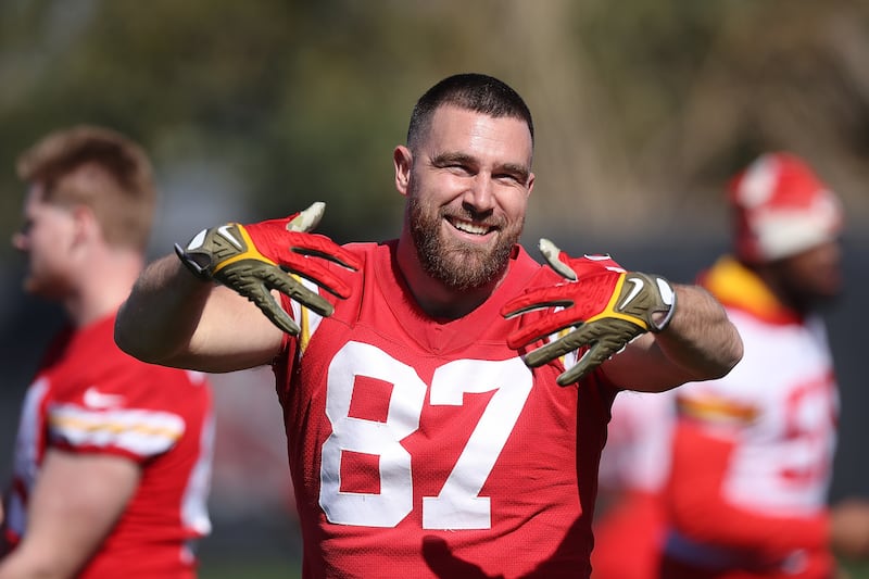 Travis Kelce during a Kansas City Chiefs training session at Arizona State University ahead of Sunday's Super Bowl against the Philadelphia Eagles. Photograph: Christian Petersen/Getty Images