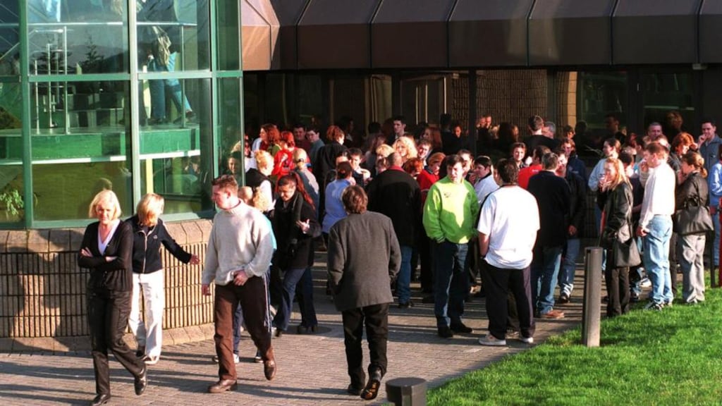 Staff leaving the Apple factory at Hollyhill, Cork in January 1999 after 500 job losses were announced at the plant. Photograph: Mark Kelleher/News Pic’s.