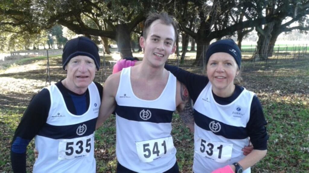 ‘The Waterhouse Byrne Baird Shield pits top-class athletes – of all ages and genders – against those of lesser gifts, or none, and attempts to equalise their chances.’ Above, the first three finishers in this year’s Waterhouse Byrne Baird Shield: from left:  Barry Potts (second), Paul Cummins (first) and Angela Eustace (third).