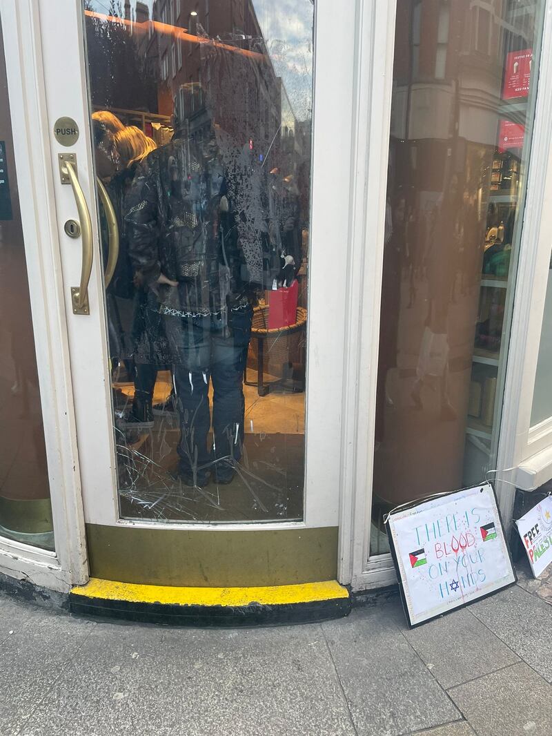 In November 2023 I took a photo on Grafton Street of vandalism that expressed this same hatred: a smashed window with a placard outside that read “there is blood on your hands”. Photograph: Rachel Moiselle