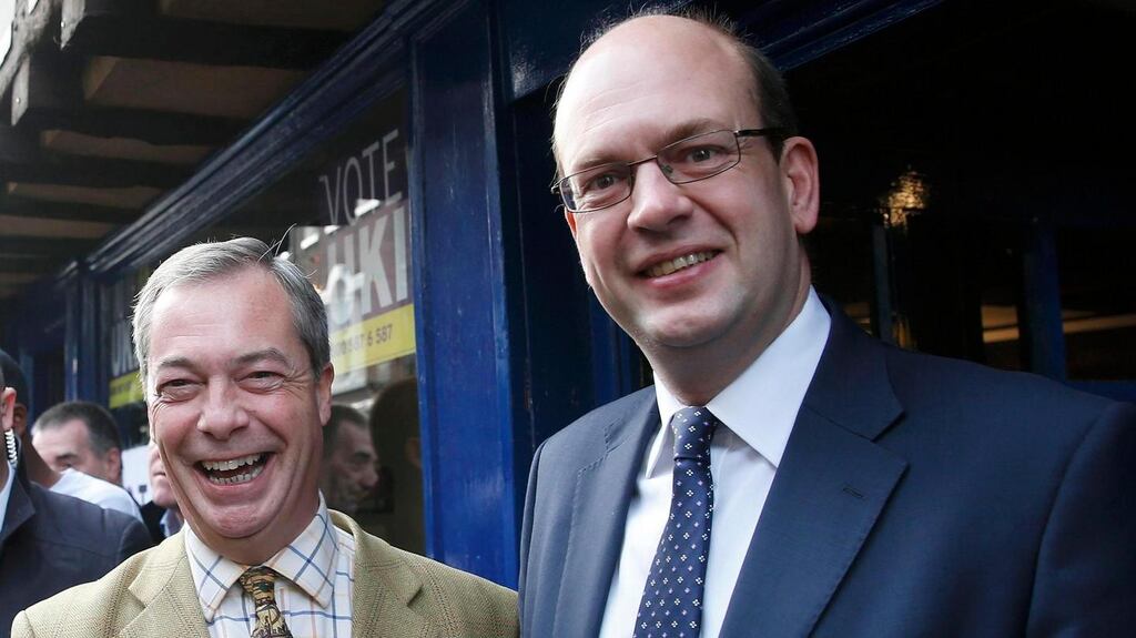 Ukip party leader Nigel Farage (left) with Mark Reckless, former Conservative Party MP for Rochester and Strood who won the consituency seat back for Ukip. Photograph: Suzanne Plunkett/Reuters