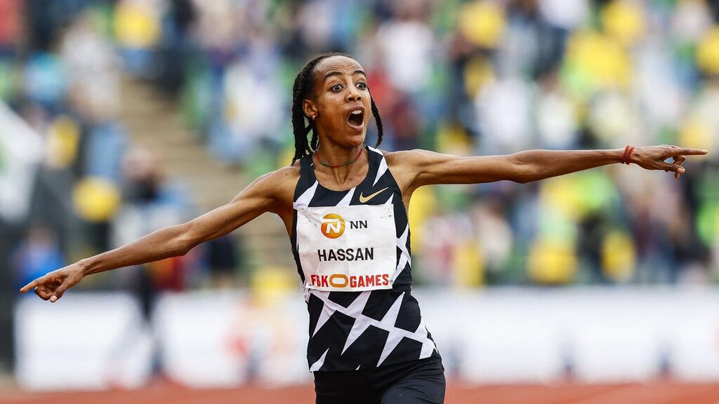 Dutch athlete Sifan Hassan wins the women’s 10,000m during the FBK Games in Hengelo. Photograph: Getty Images