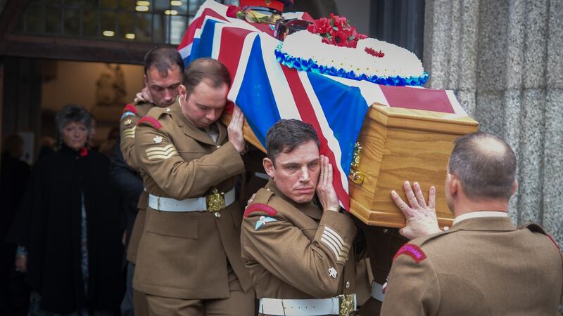 The coffin of Dennis Hutchings leaves St Andrew’s Church on Thursday in Plymouth, England. Photograph: Finnbarr Webster/Getty Images