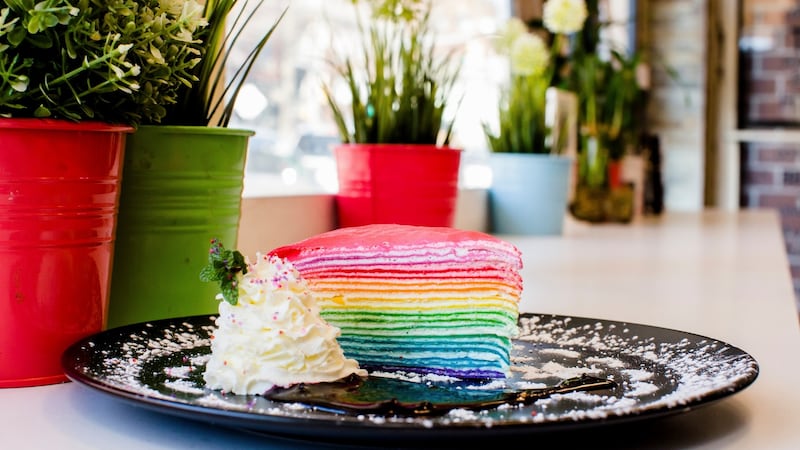 Rainbow crepe cake. Photograph: Stephen Speranza/The New York Times