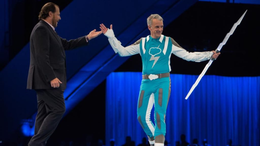 Salesforce cofounders Marc Benioff and Parker Harris at Dreamforce 2015: Harris dressed as “Lightning Man” to promote the company’s new service for app developers, Lightning. Photograph: Jakub Mosur