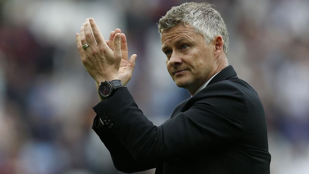 Ole Gunnar Solskjaer gestures to fans at the final whistle following Manchester United’s defeat to West Ham United. Photograph: Ian Kington/AFP