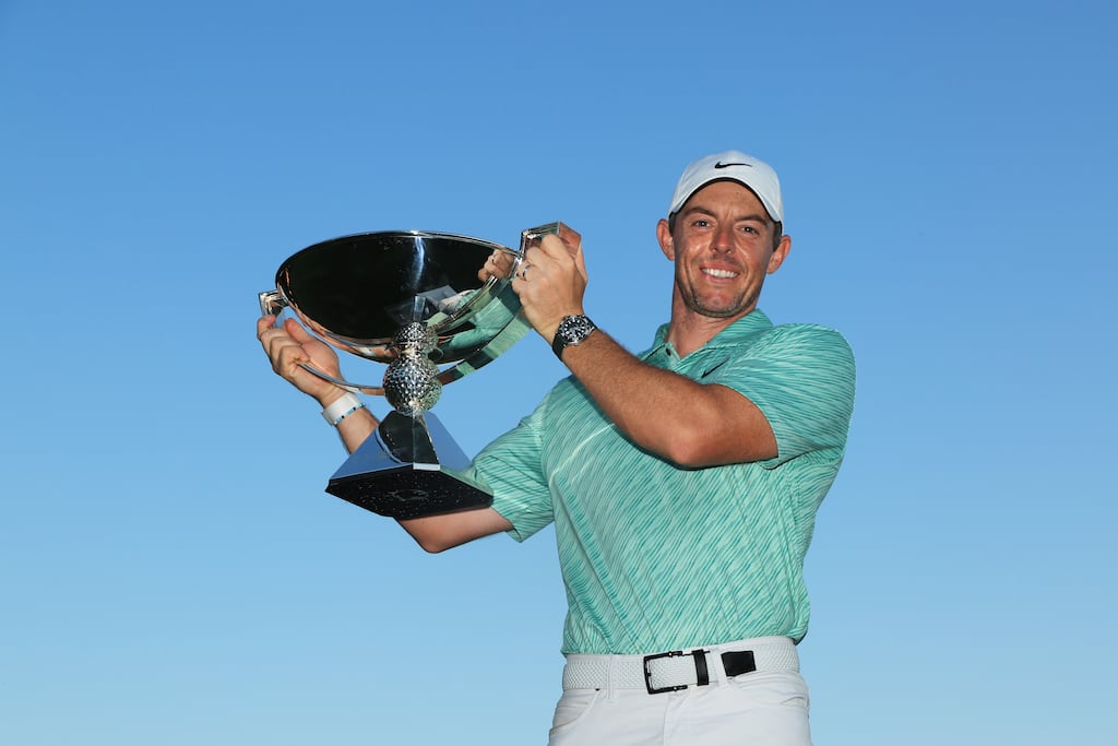Rory McIlroy celebrates with the FedEx Cup after winning during the final round of the Tour Championship at East Lake Golf Club on in Atlanta. Photograph: Sam Greenwood/Getty Images
