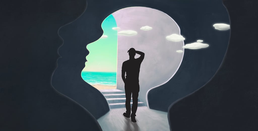 A boy looking at the sea, Concept idea of inspiration, imagination, hope and dream of child , conceptual 3d illustration. kid life. childhood.