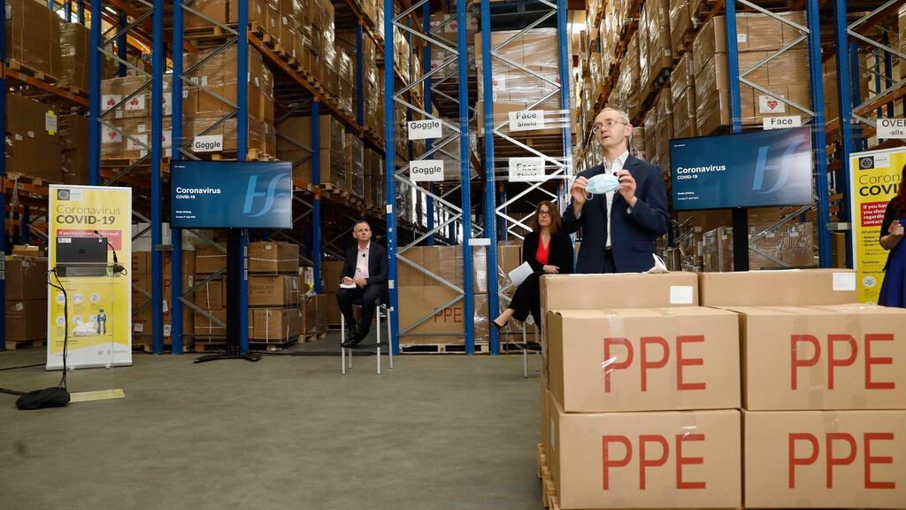 Prof Martin Cormican displaying some of the PPE equipment sourced from China last weekend. Photograph: Leon Farrell/Photocall Ireland