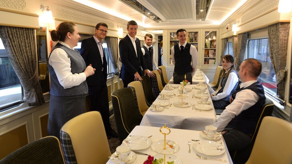 Staff meeting  project manager  Nigel Woolford and general manager JP Kavanagh, on the   Belmond Grand Hibernian train, at Heuston Station in Dublin. Photograph: Cyril Byrne/The Irish Times