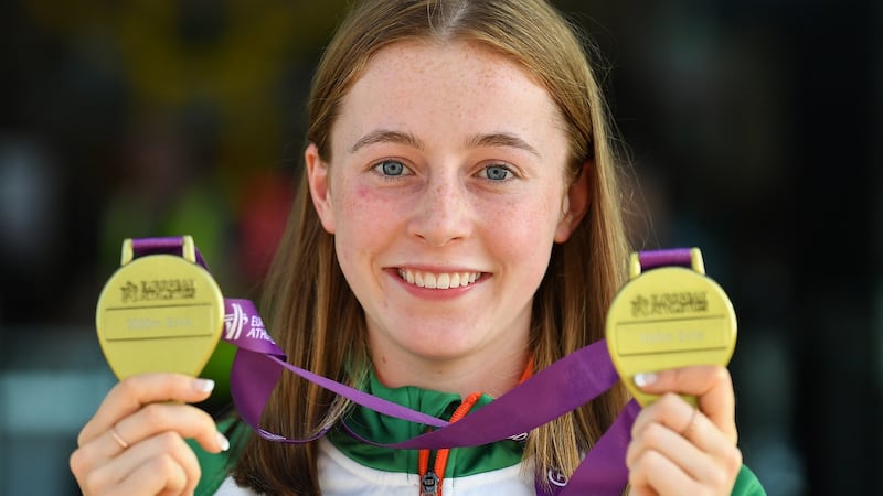 Ireland’s Sarah Healy with her gold medals for winning the girls’ 1500m and 3000m events in the European Athletics Under-18 Championships in Hungary. Photograph: Piaras Ó Mídheach/Sportsfile