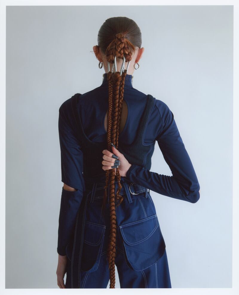 Blade corset (€465) at Emporium Kalu. Elastic top (€479) at Havana Boutique. Denim trousers (€645) at colin-horgan.com