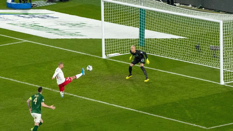 Martin Braithwaite scores Denmark’s goal.