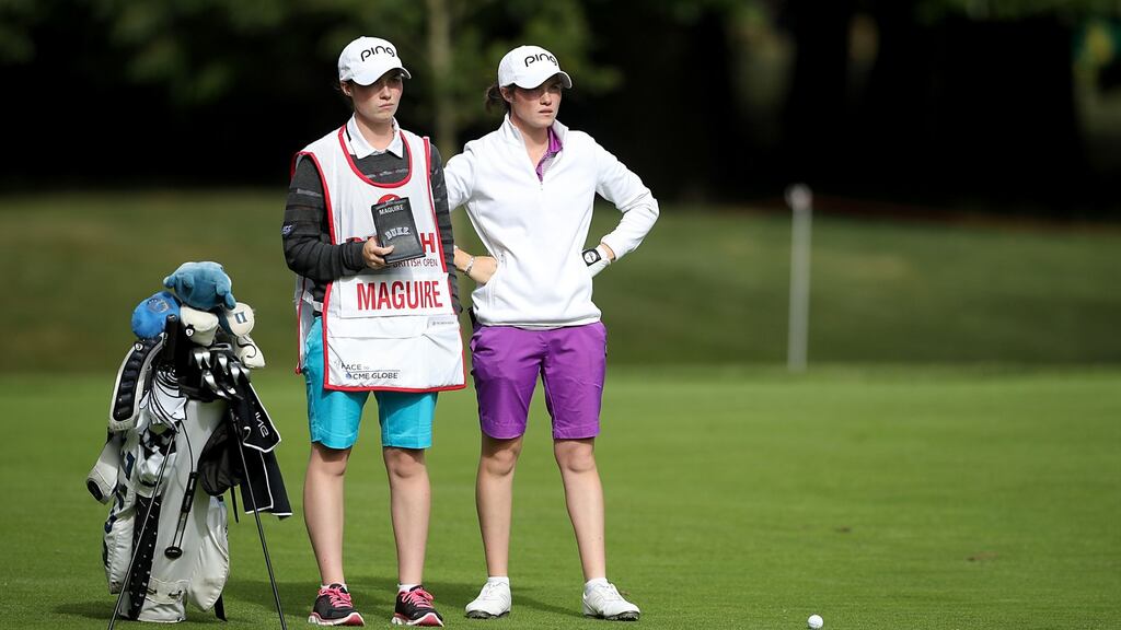 Ireland’s Leona Maguire with her twin sister and caddie Lisa Maguire during day one of the Ricoh Women’s British Open at Woburn Golf Club. Photo: Nick Potts/PA Wire