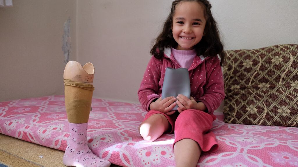 Shahad Muhammed nour Al Mubarak (6) with a prosthetic leg at a rehabilitation centre in Sanliurfa, Turkey, run by the UK-based charity Muntada Aid in partnership with Aid Turkey. Shahad lost her right leg in an explosion outside her home in Aleppo on November 27th, 2013, in which her younger brother was killed. Photograph: Owen Humphreys/PA Wire