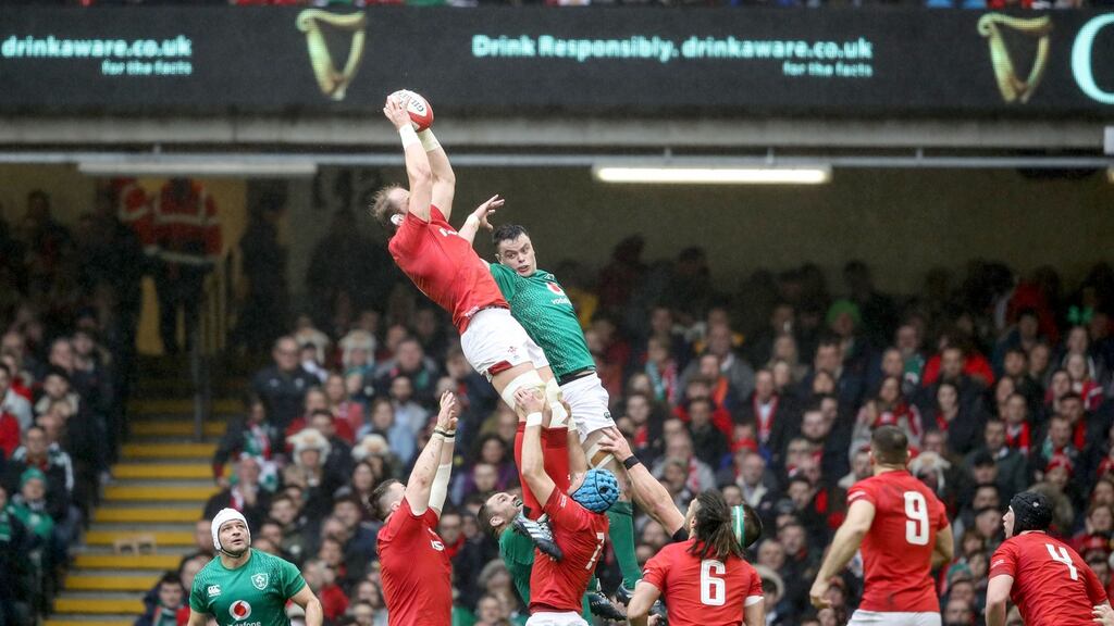 James Ryan is beaten to a lineout by Alun Wyn Jones during Ireland’s Six Nations clash with Wales in Cardiff. Photo: Dan Sheridan/Inpho