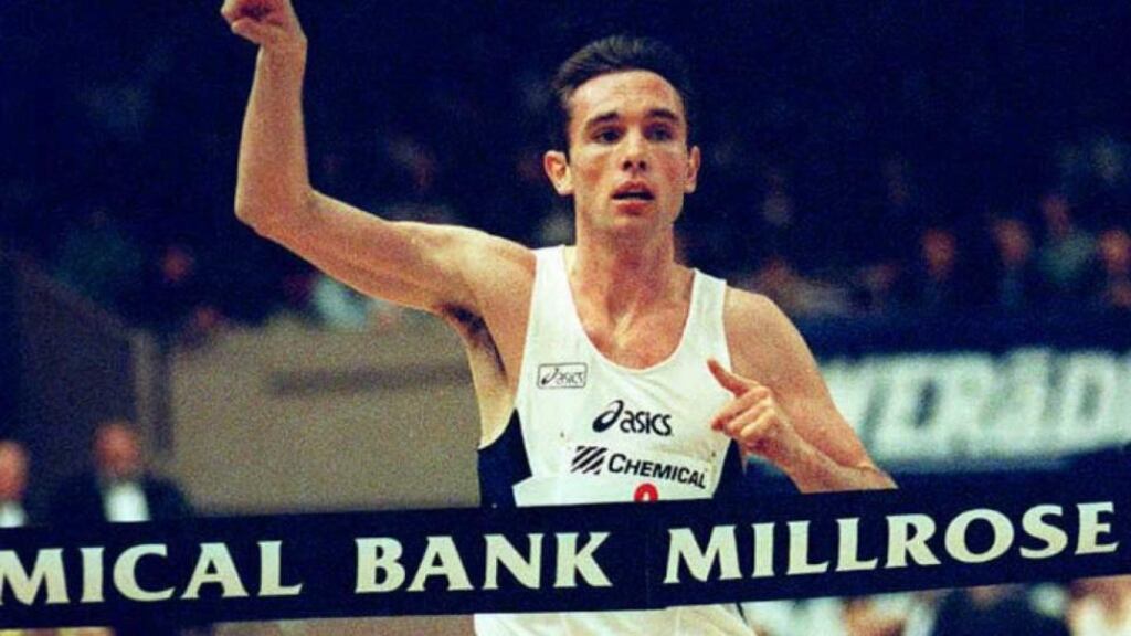 Niall Bruton celebrates as he wins the Wanamaker Mile at the Millrose Games at Madison Square Garden in 2002.
