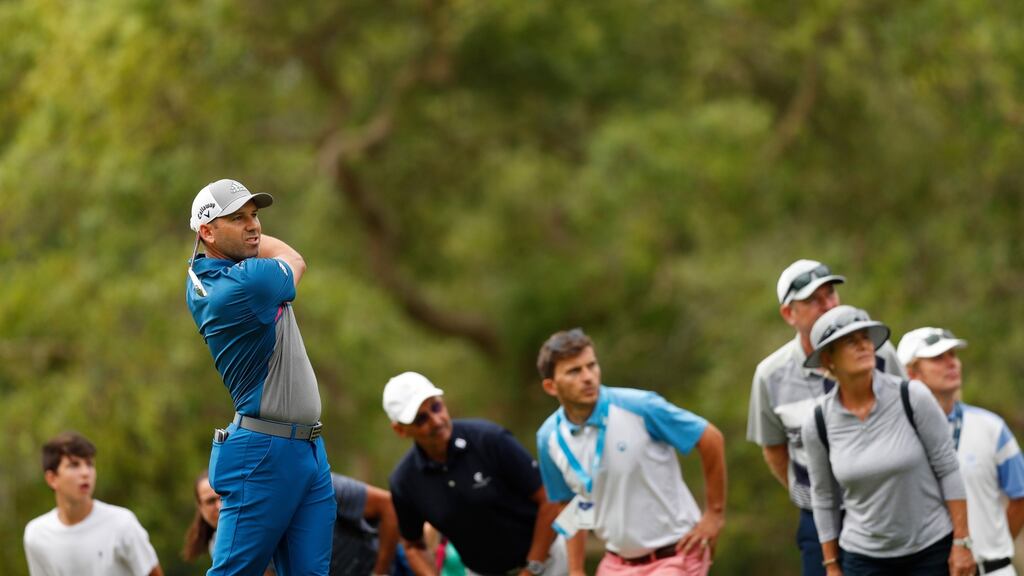 Spain’s Sergio Garcia of Spain hits his second shot on the 17th hole during the first round of the Andalucia Valderrama Masters at Valderrama. Photograph: Warren Little/Getty Images