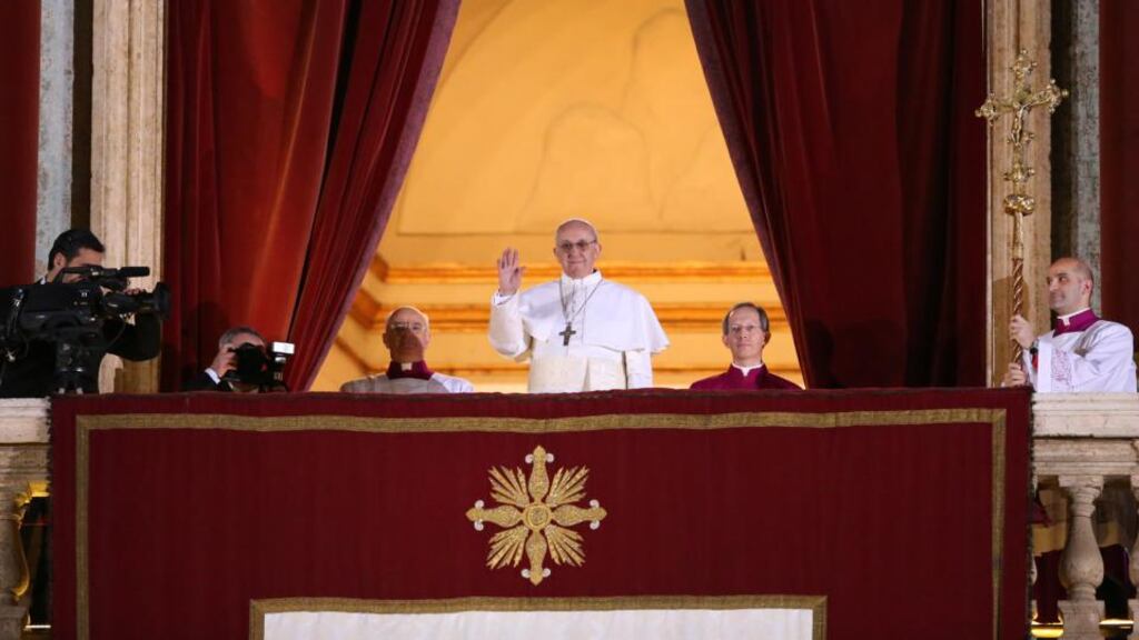 Newly elected Pope Francis I waves to the waiting crowd from the central balcony of St Peter’s Basilica on March 13th, 2013. Photograph: Getty