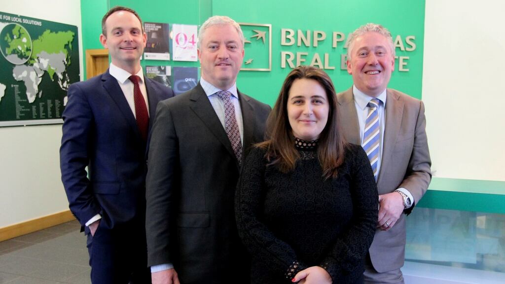 Appointments at BNP Paribas: Damien McCaffrey, director investments; Bobby Lloyd, director land and development; Sarah Lynch, associate director property management; and Jerry Corcoran, divisional director land and development