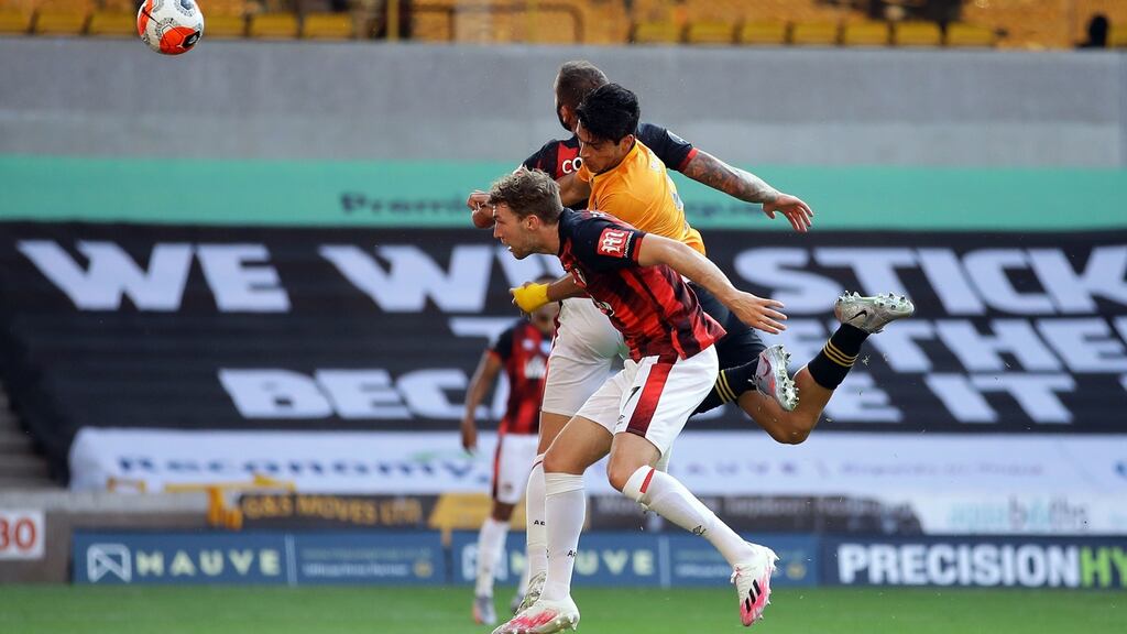 Wolverhampton Wanderers’ Raul Jimenez scores during the Premier League matchagainst Bournemouth at Molineux. Photograph: Richard Heathcote/NMC Pool/PA Wire