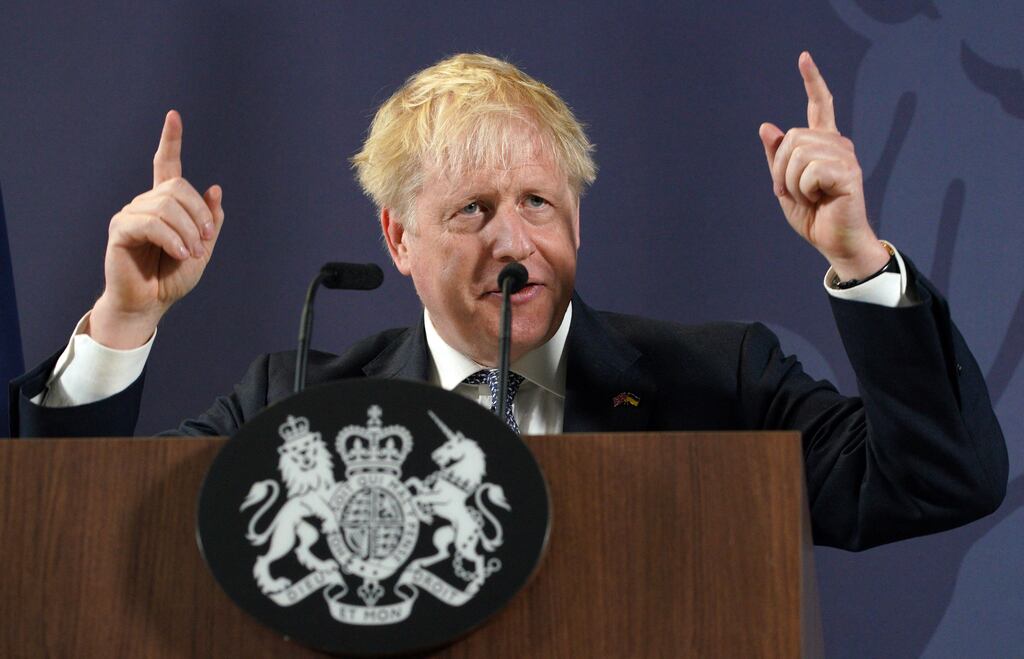 Britain's prime minister Boris Johnson delivers a speech on the economy in Blackpool, northwest England on Thursday. Photograph: Peter Byrne/AFP via Getty Images
