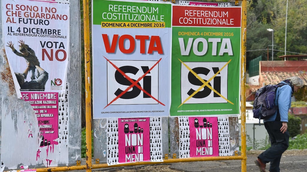 A man walks past referendum campaign posters in Rome on Friday. Photograph: Vincenzo Pinto/AFP/Getty