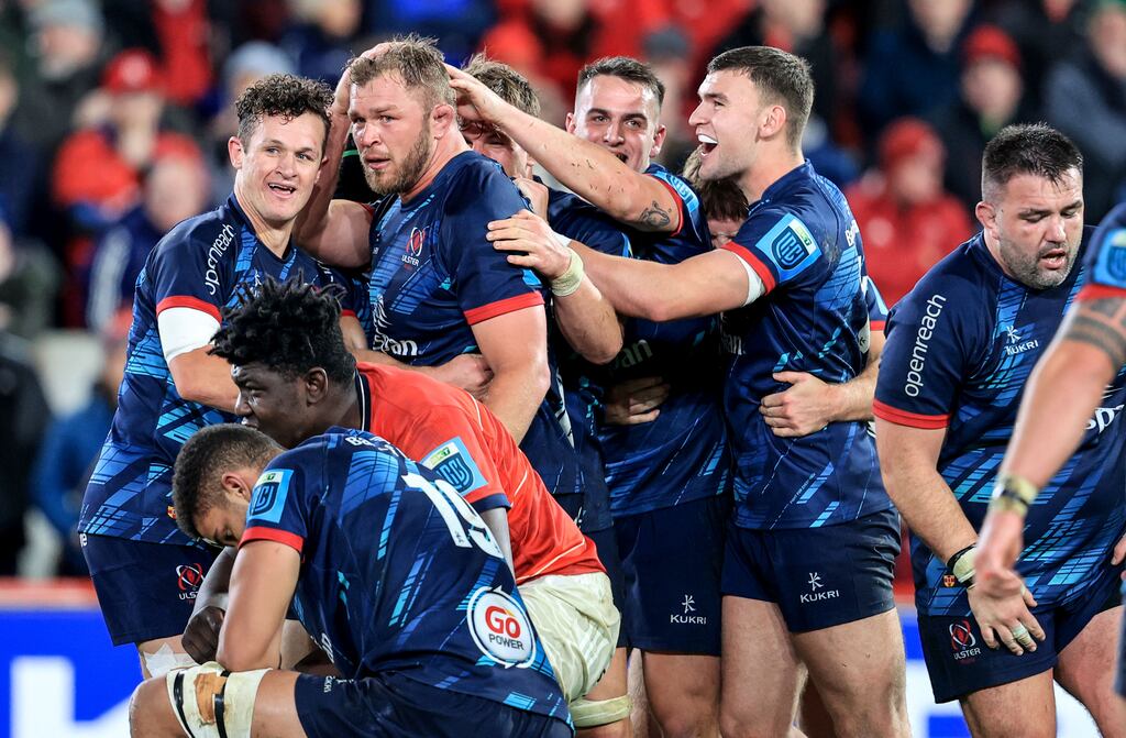 Ulster's Billy Burns, Duane Vermeulen, James Hume and Ben Moxham celebrate the victory over Munster at the final whistle in Thomond Park. Photograph: Dan Sheridan/Inpho