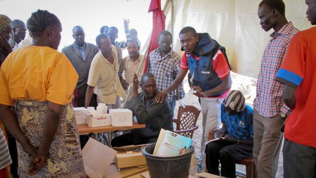 Displaced people taking shelter in the UN compound in Bentiu in December. A mass exodus of residents is under way in the city because of fears of an imminent battle between rebels and government troops. Photograph: AP Photo/UNMISS, Anna Adhikari