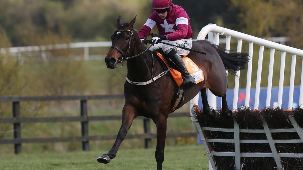 Apple’s Jade ridden by Bryan Cooper clears the last on the way to winning the AES Champion Four Year Old Hurdle during day five of the Punchestown Festival. Photograph: Brian Lawless/PA Wire