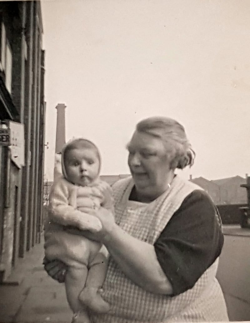 The author as a baby, with her Leeds Irish grandmother, Honora Flynn on Whitehall Road in Leeds, in the early 1950s