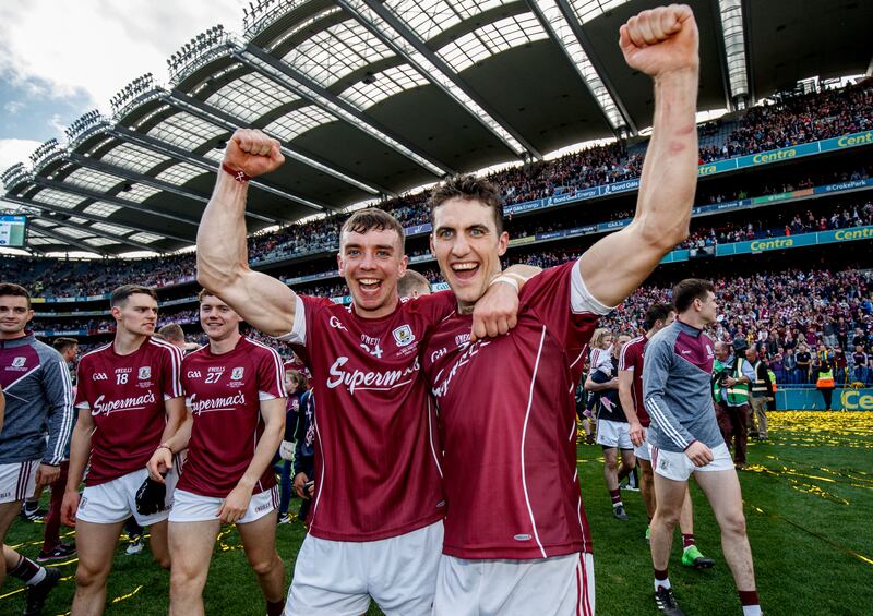Shane Moloney and Daithi Burke celebrate after Galway's win over Waterford in the 2017 All-Ireland senior hurling final at Croke Park. Photograph: James Crombie/Inpho