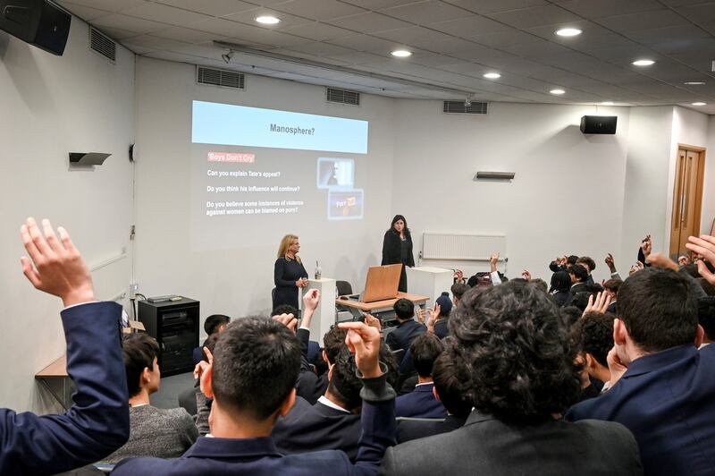Deana Puccio and Allison Havey discuss misogyny at a workshop at Merchant Taylors’ School in London. Photograph: Mary Turner/New York Times